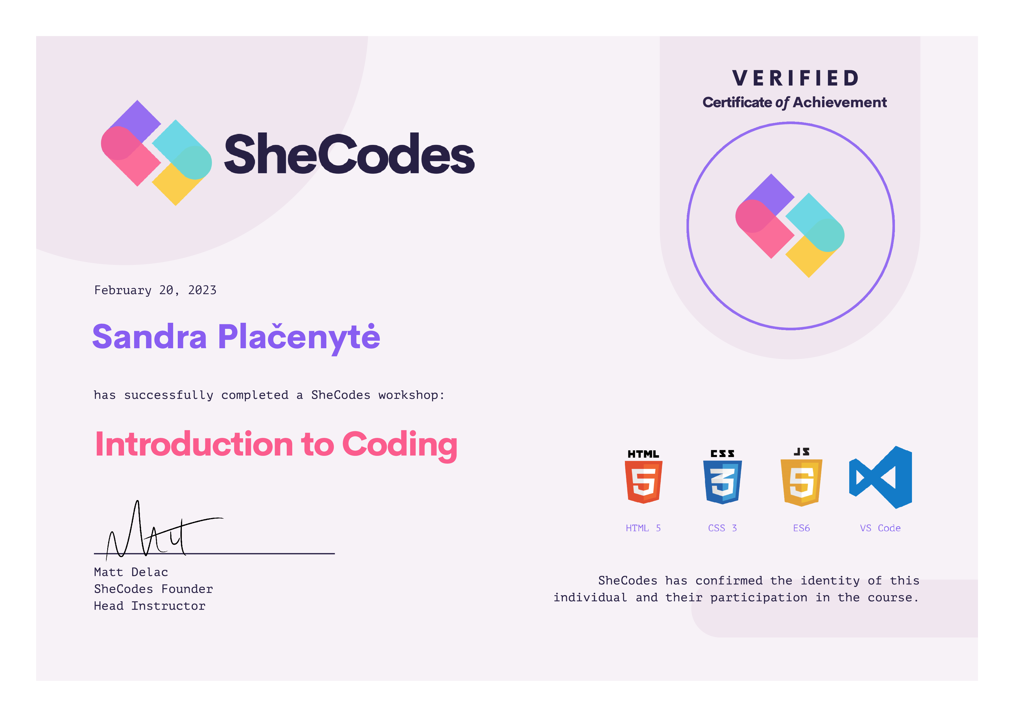 Sandra's certification to introduction to coding