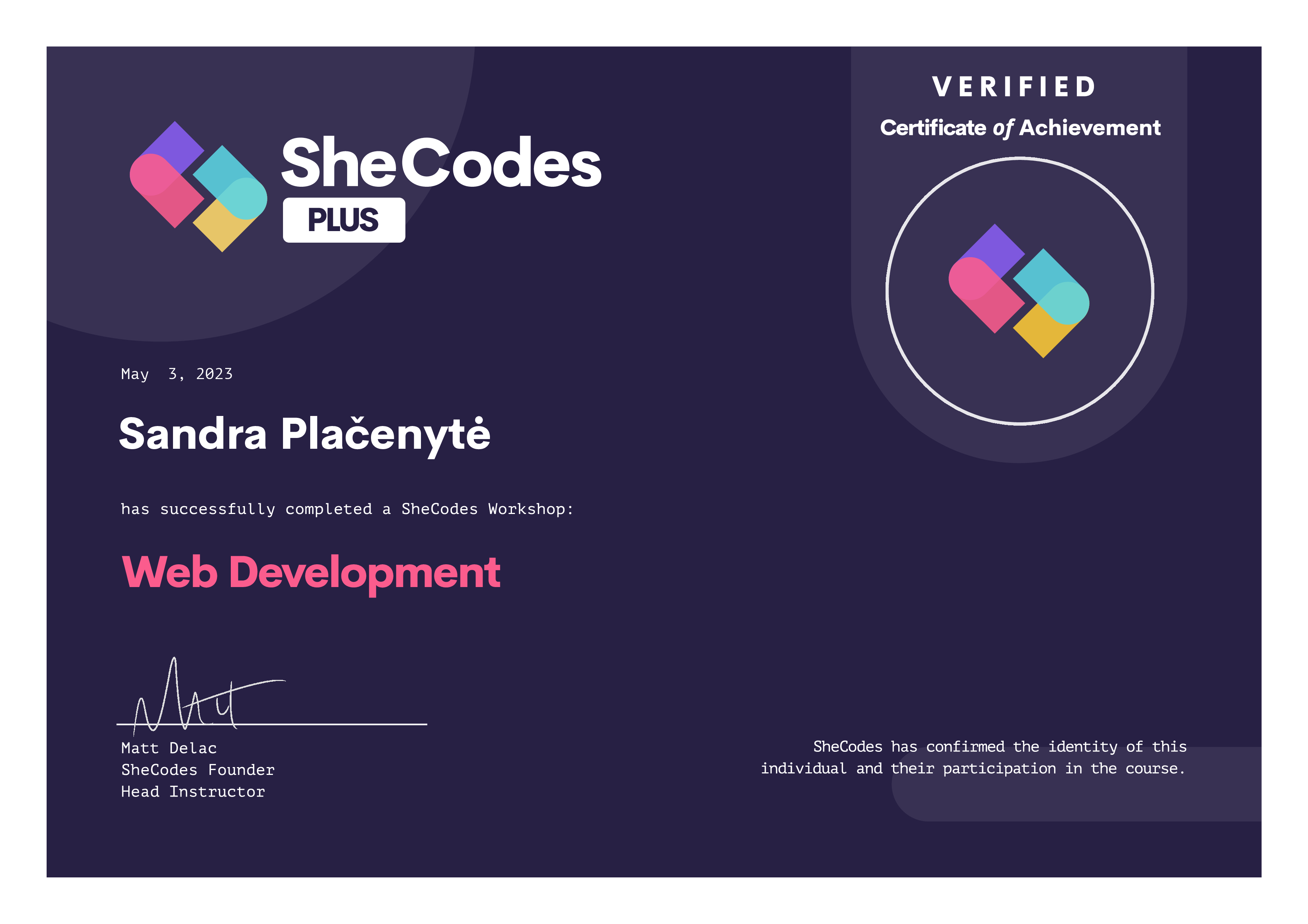 Sandra's certification to web development