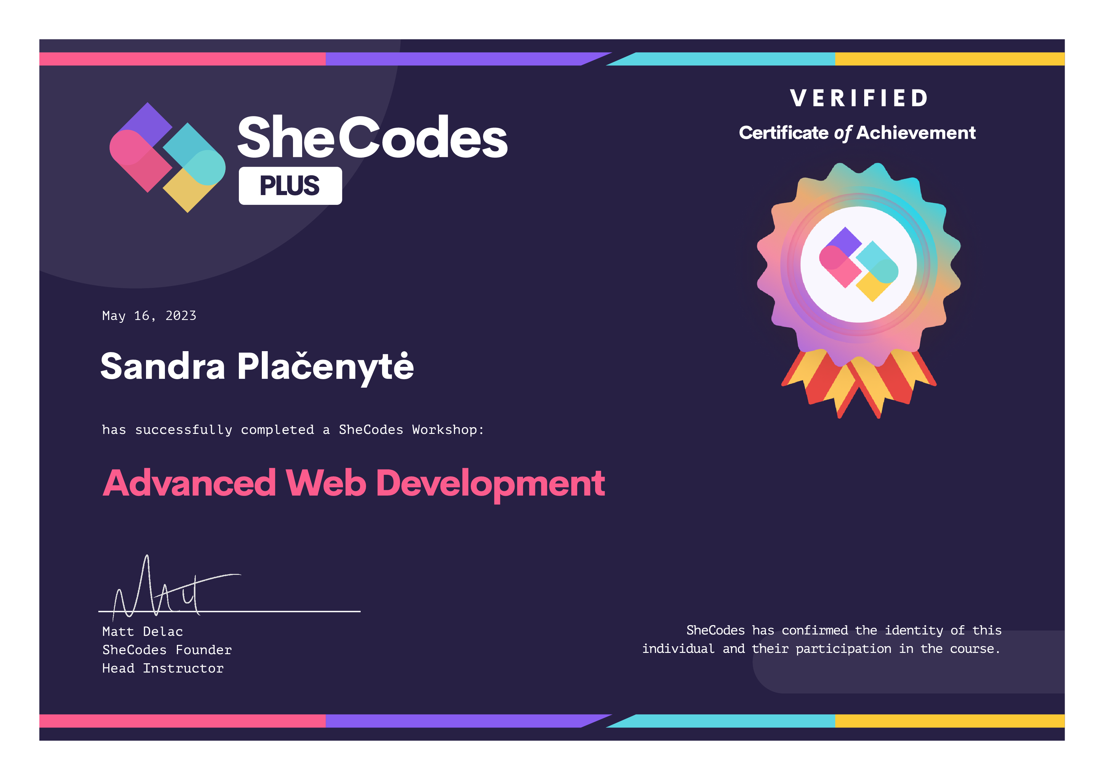 Sandra's certification to advanced web development
