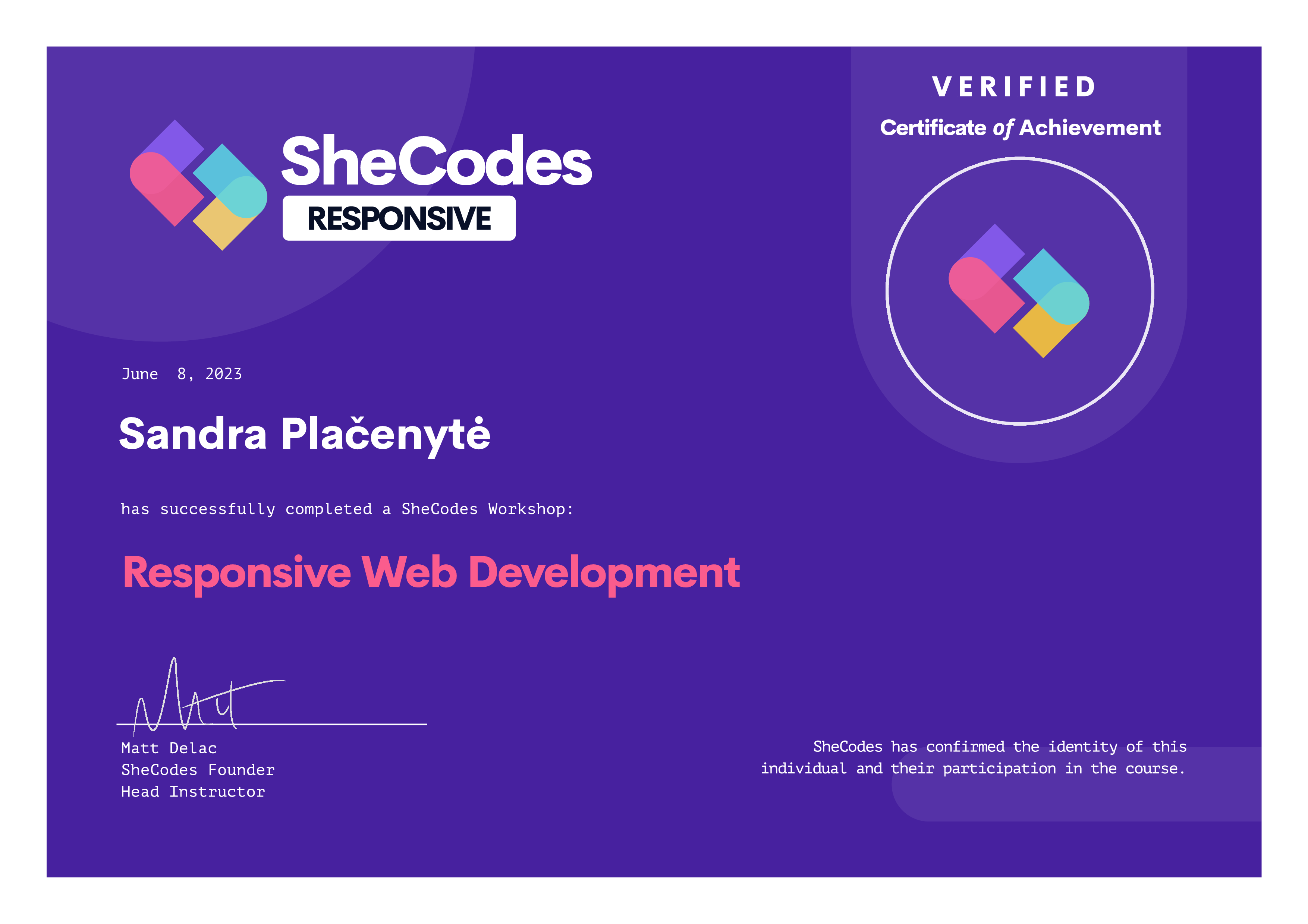 Sandra's certification to responsive web development